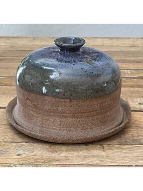 Vintage Stoneware Signed Studio Pottery Covered Butter/Cheese Dish 6.5"